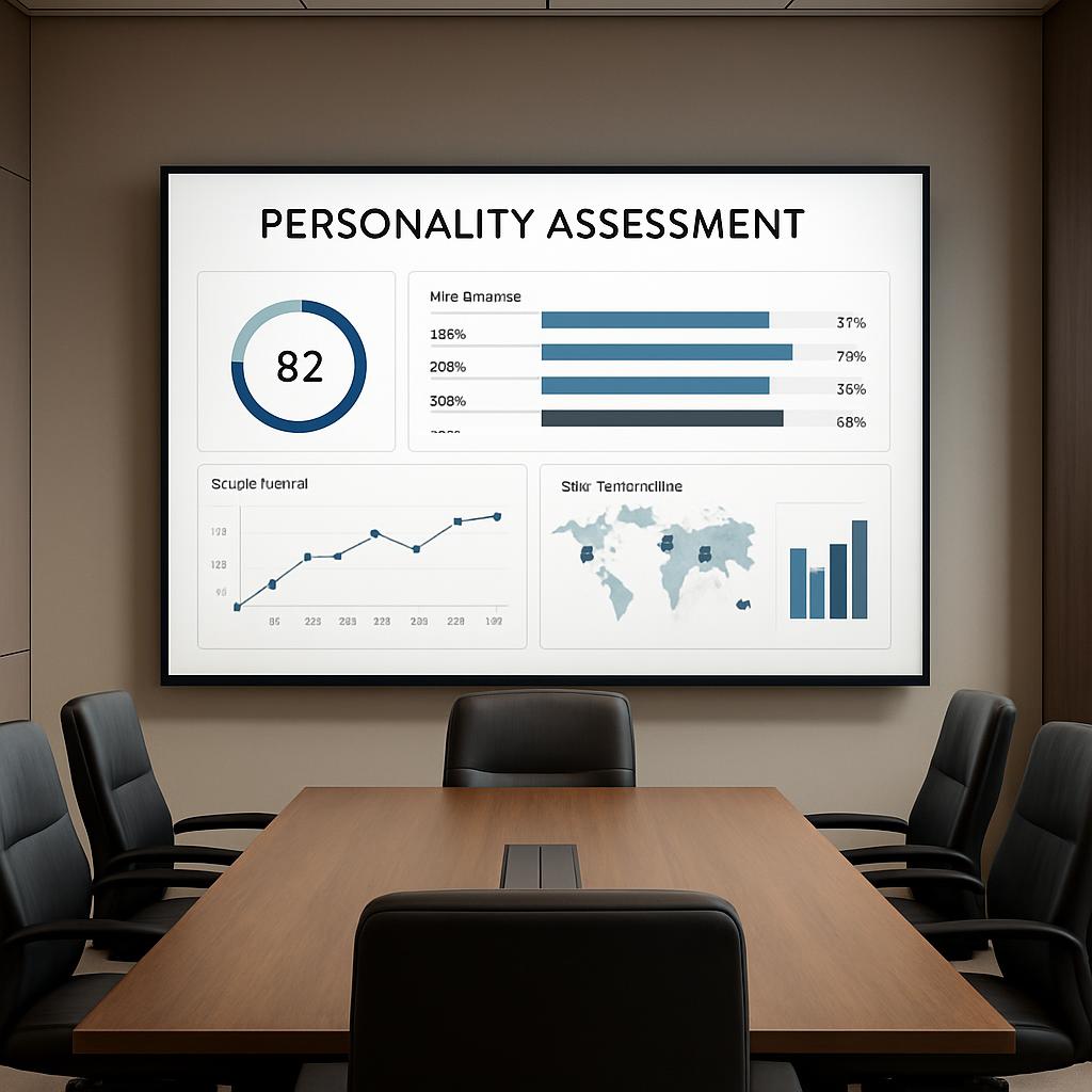 A conference room setting with a large TV screen displaying a personnel assessment infographic on the wall behind a long w...