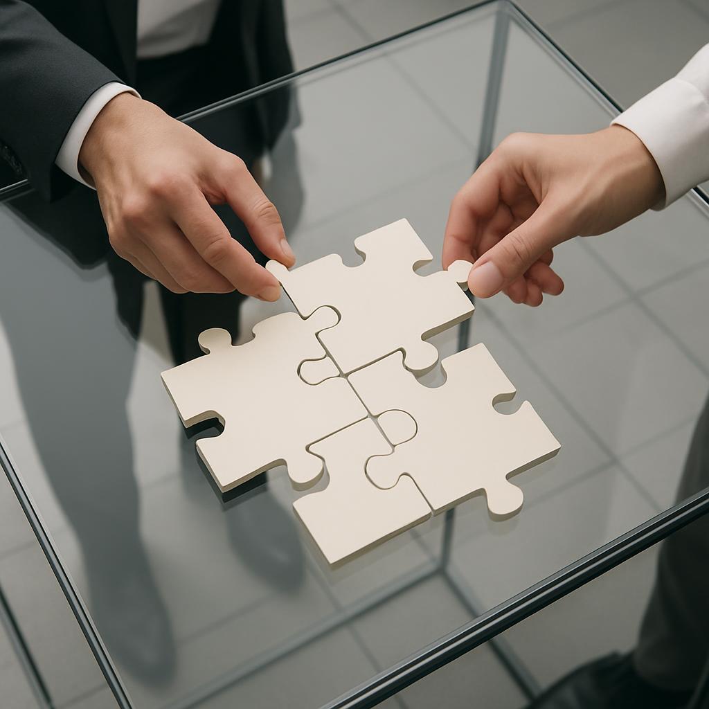 Two hands in formal wear (suit and dress shirt) placing a square jigsaw puzzle together on a glass table or top while stan...