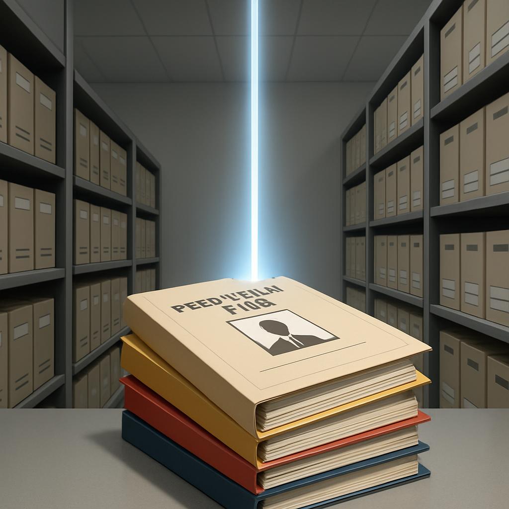 A dimly lit archive room with several gray shelves stacked with tan file boxes on either side. In front of the wall of fil...